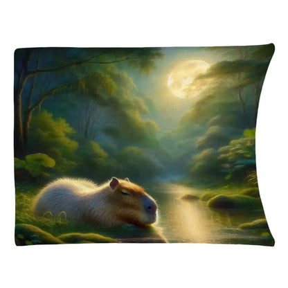 Capybara Under a Golden Moon 300 GSM Flannel Throw Blanket (Made in USA) - Gregg Acini Adoree Designs - Blanket