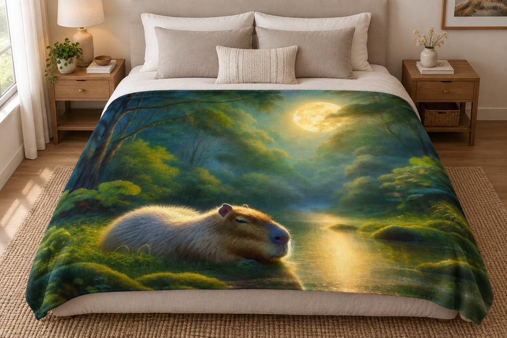 Capybara Under a Golden Moon blanket on a large bed
