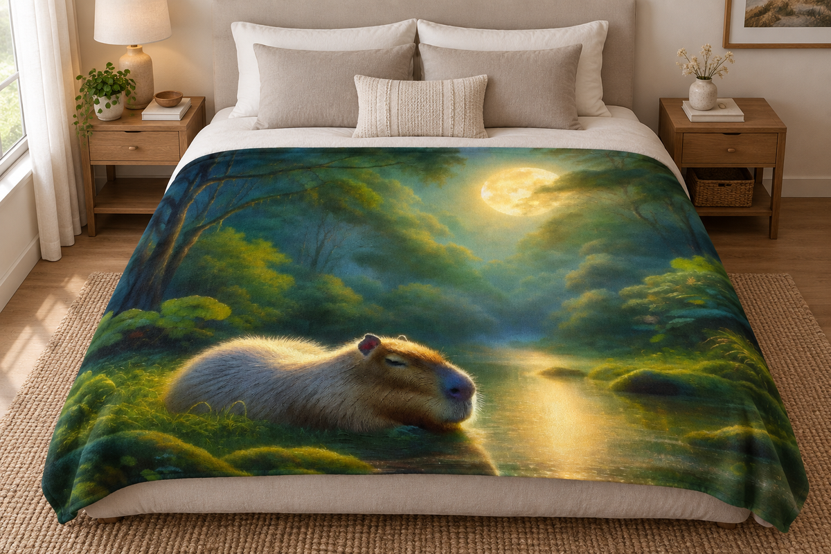 Capybara Under a Golden Moon blanket on a large bed
