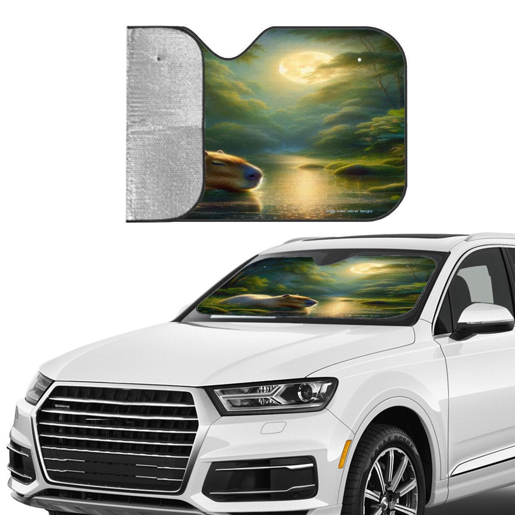 Capybara under a Golden Moon Car Windshield Sun Shade (Stiff Version) - Gregg Acini Adoree Designs - Sun Shade