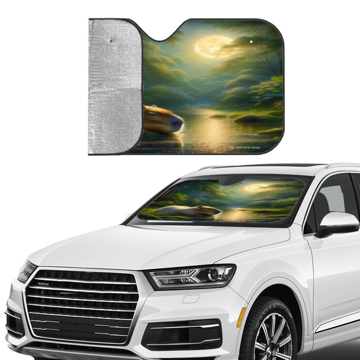Capybara under a Golden Moon Car Windshield Sun Shade (Stiff Version) - Gregg Acini Adoree Designs - Sun Shade