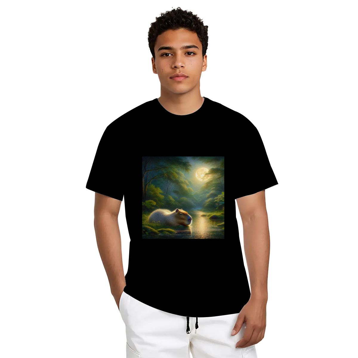 Capybara Under a Golden Moon - Gildan 5000 Unisex Cotton Tee - Gregg Acini Adoree Designs - T-Shirt