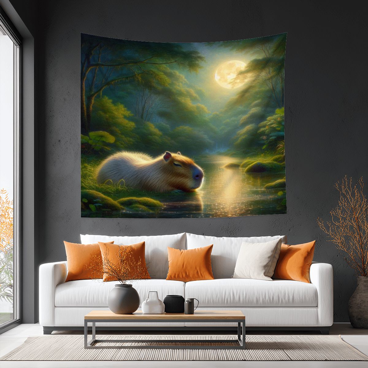 Capybara Under a Golden Moon Lightweight Wall Tapestry (Fabric Wall Hanging - USA) - Gregg Acini Adoree Designs - Wall Coverings