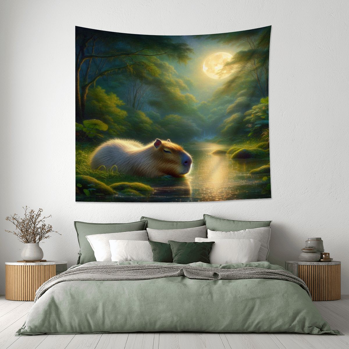 Capybara Under a Golden Moon Lightweight Wall Tapestry (Fabric Wall Hanging - USA) - Gregg Acini Adoree Designs - Wall Coverings