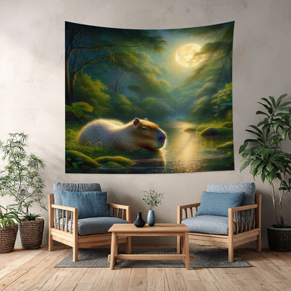 Capybara Under a Golden Moon Lightweight Wall Tapestry (Fabric Wall Hanging - USA) - Gregg Acini Adoree Designs - Wall Coverings