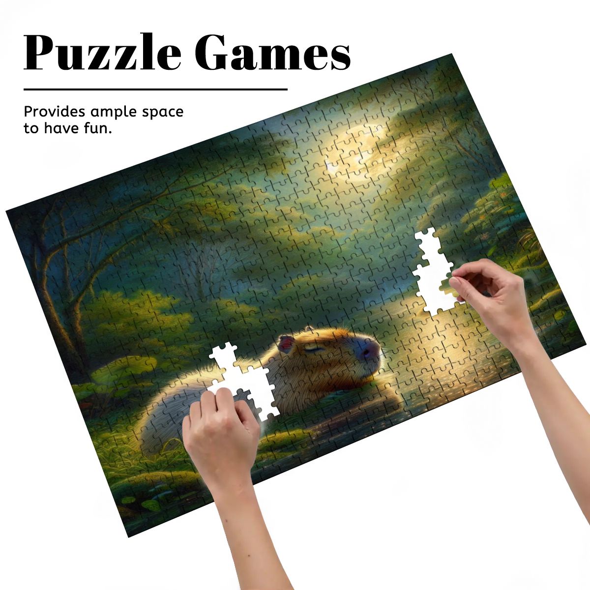 Capybara Under a Golden Moon Wooden Jigsaw Puzzles 500 pcs - Gregg Acini Adoree Designs - Jigsaw Puzzle