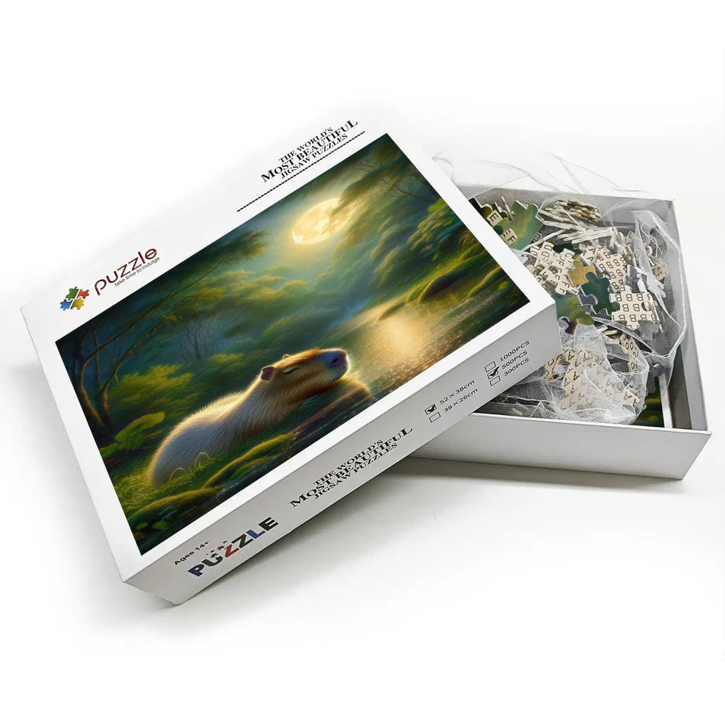 Capybara Under a Golden Moon Wooden Jigsaw Puzzles 500 pcs - Gregg Acini Adoree Designs - Jigsaw Puzzle