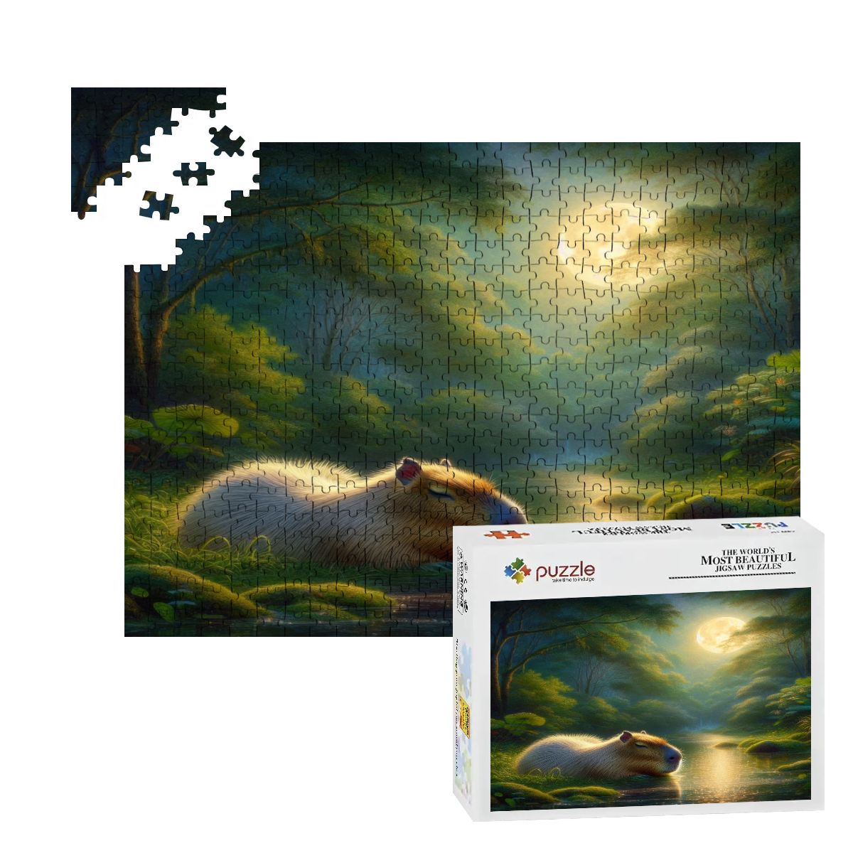 Capybara Under a Golden Moon Wooden Jigsaw Puzzles 500 pcs - Gregg Acini Adoree Designs - Jigsaw Puzzle