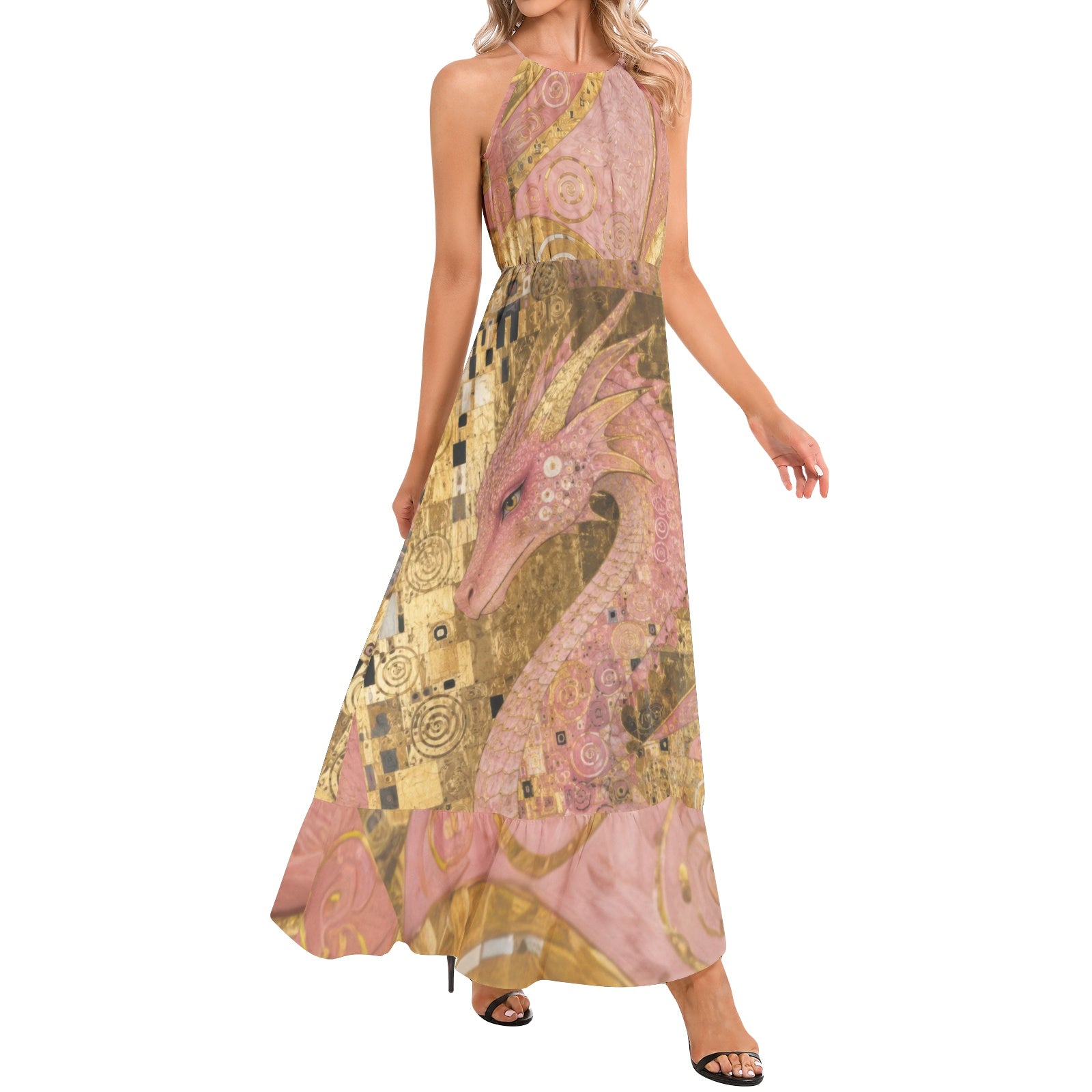 Pink Dragon Ruffle Hem Halter Neck Maxi Dress