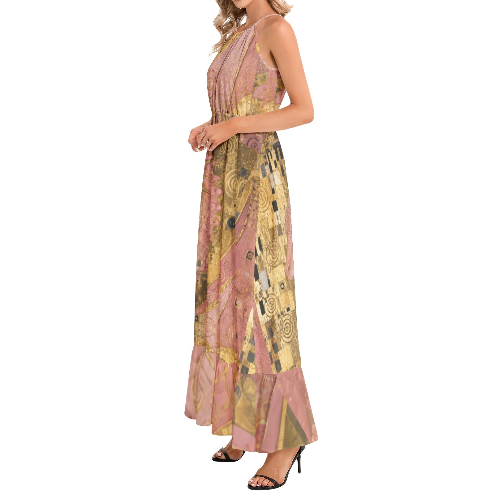 Pink Dragon Ruffle Hem Halter Neck Maxi Dress