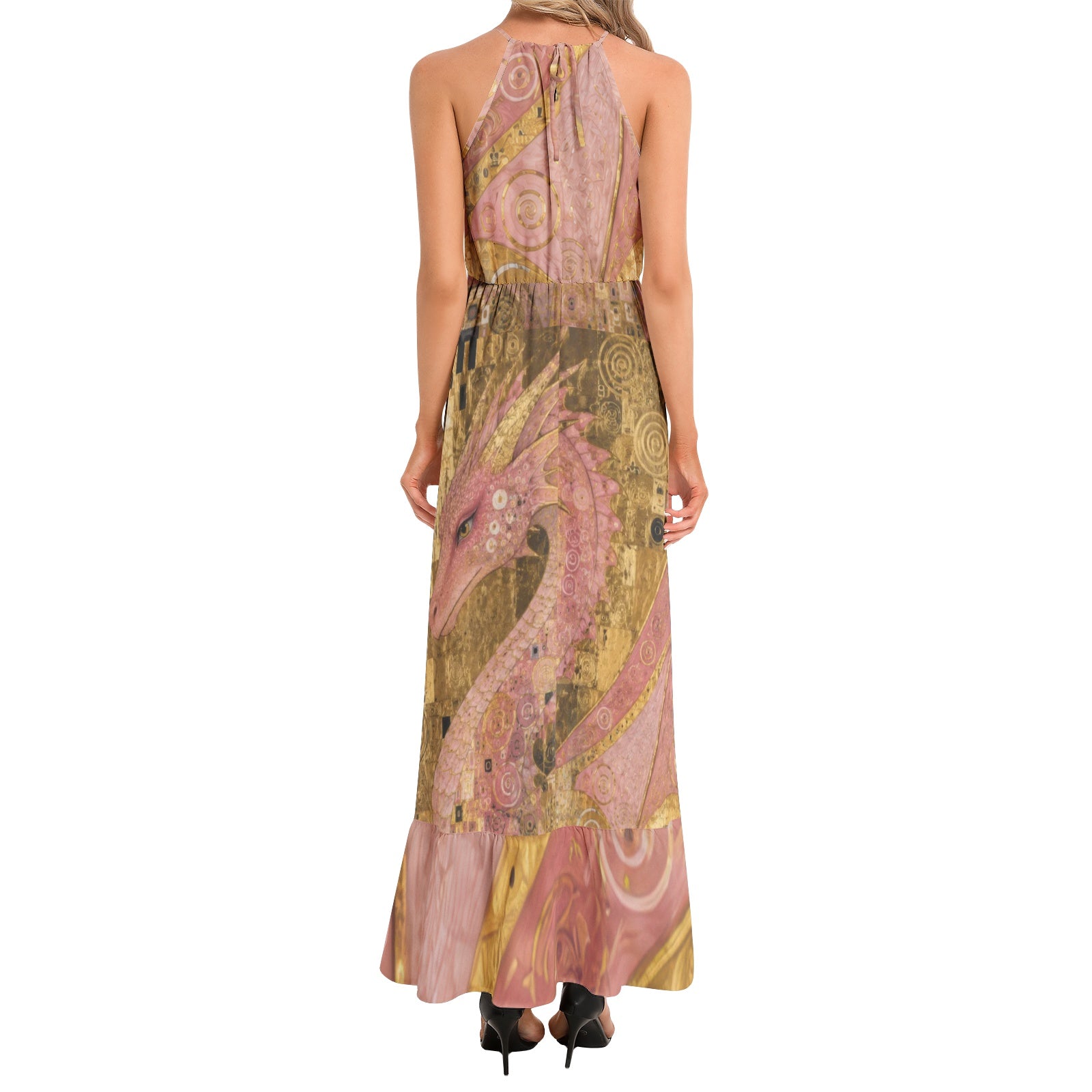Pink Dragon Ruffle Hem Halter Neck Maxi Dress