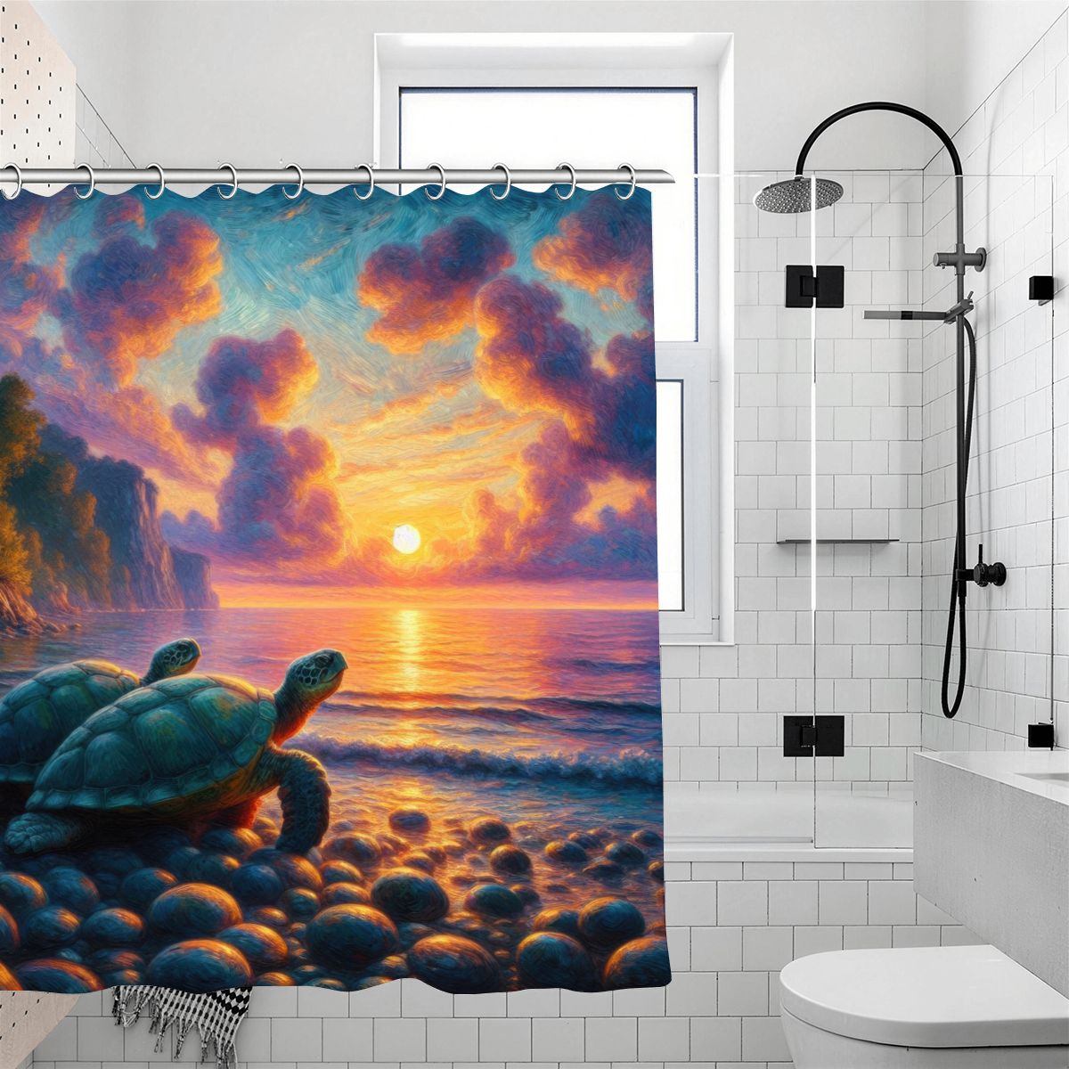 Turtles in the Sunset Shower Curtain 70.8"x70.8" (Made in USA)