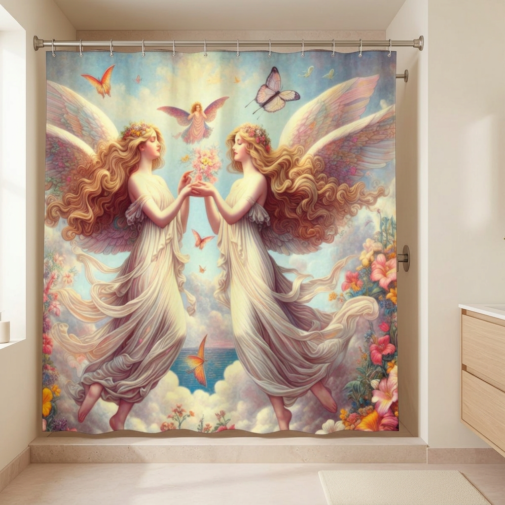Celestial Sisters shower curtain in a soft ivory bathroom