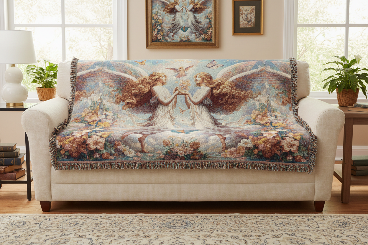 Celestial Sisters Woven Blanket - Draped over sofa