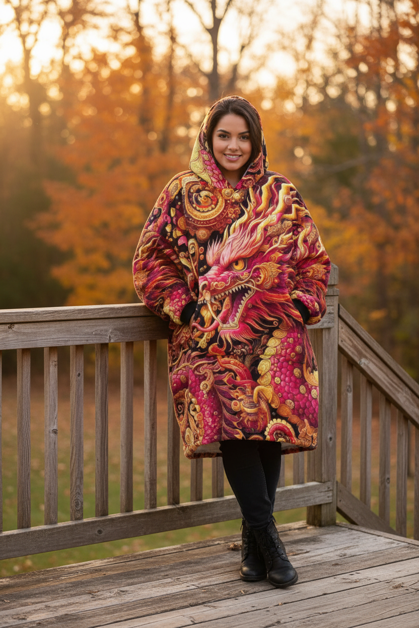 Crimson Dragon Blanket Hoodie Lifestyle