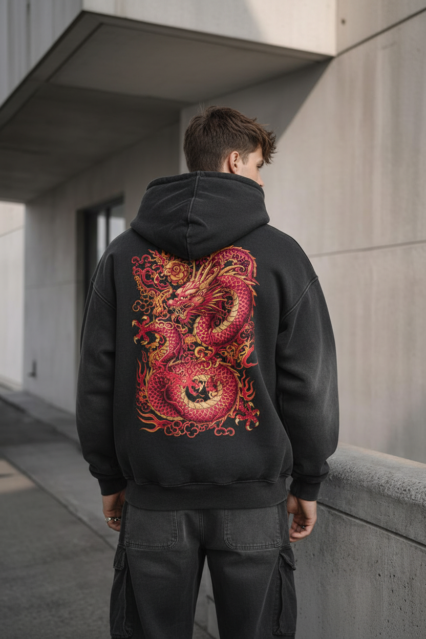 Crimson Dragon Hoodie Back Lifestyle