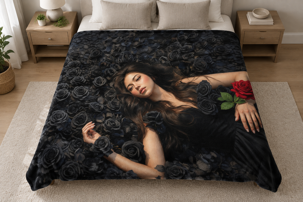 Crimson Rose Reverie blanket on a bed