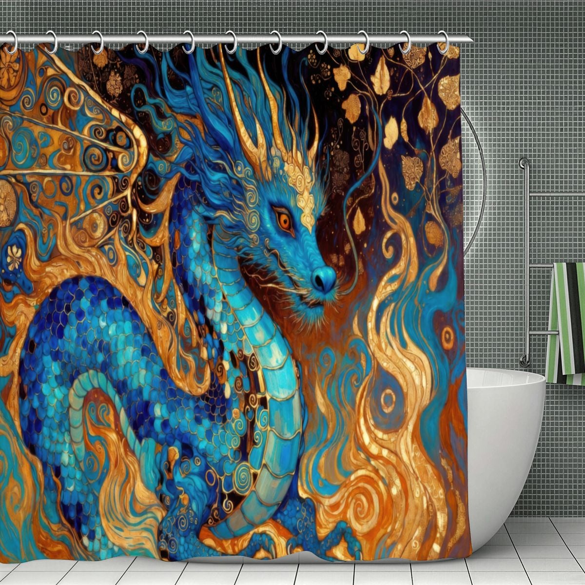 Cobalt Dragon Shower Curtain | Klimt-Inspired Flame & Mosaic Art