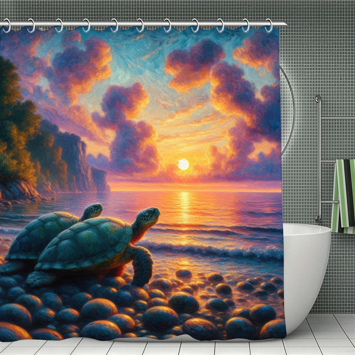 Turtles in the Sunset Shower Curtain 70.8"x70.8" (Made in USA)