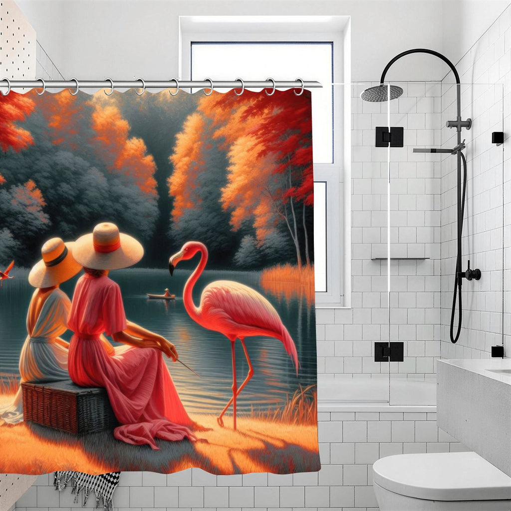 Two Ladies with a Flamingo Shower Curtain | Romantic Landscape Art