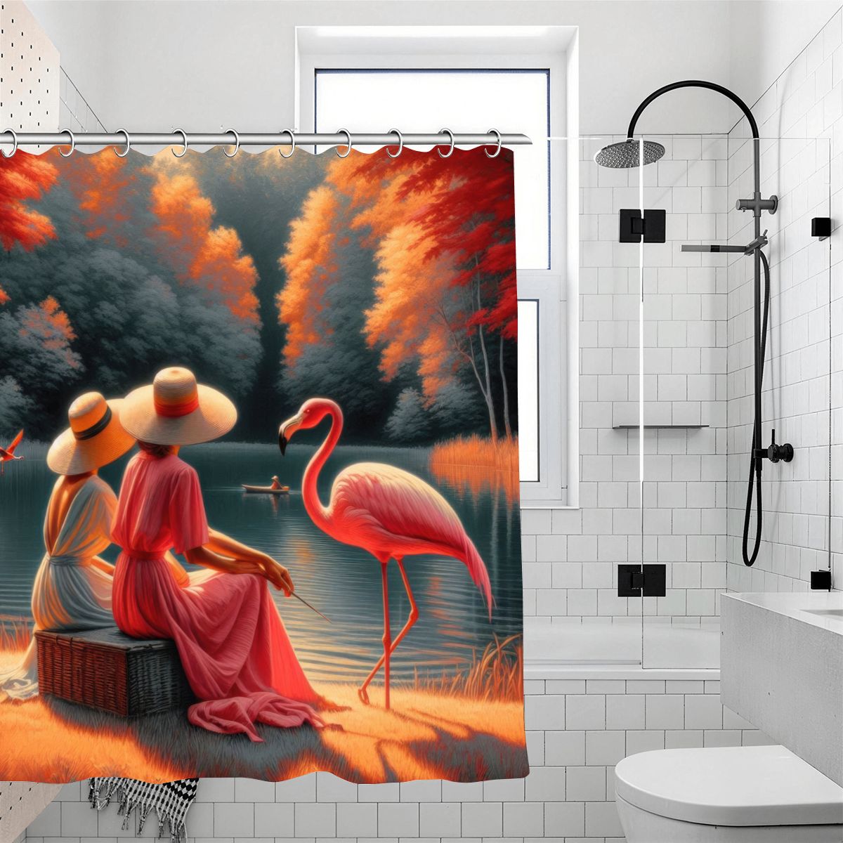 Two Ladies with a Flamingo Shower Curtain | Romantic Landscape Art