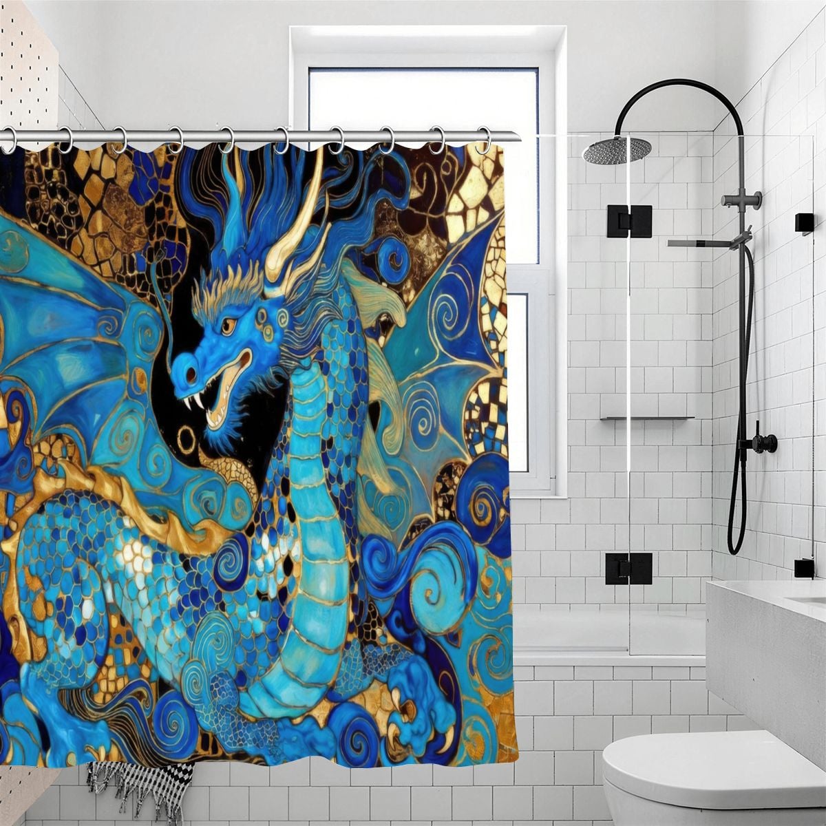 Teal Dragon Shower Curtain | Klimt-Inspired Mosaic Art