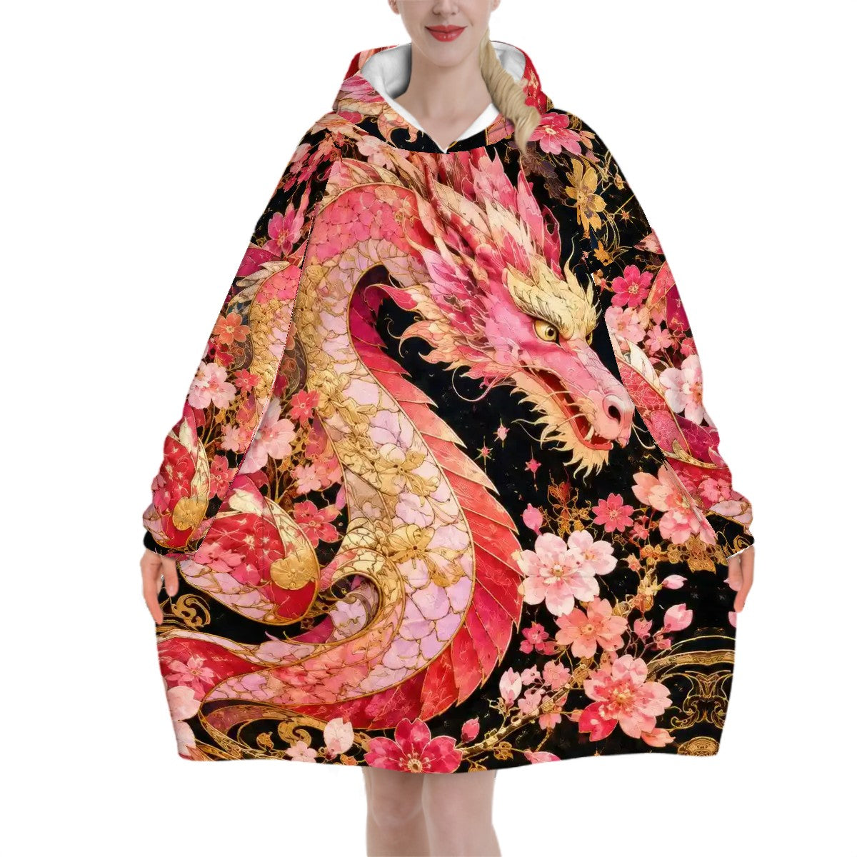 Pink and Gold Sakura Dragon Blanket Hoodie