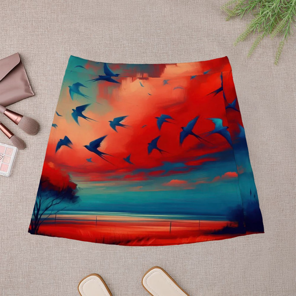 Scarlet Sunset with Birds Mini Skirt | Nature-Inspired Wearable Art