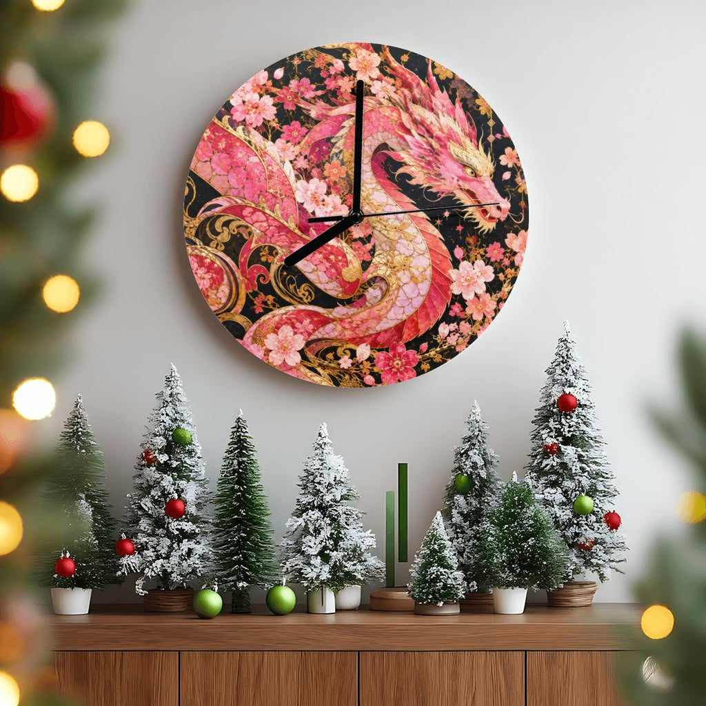 Pink and Gold Sakura Dragon MDF Wall Clock | Made in USA