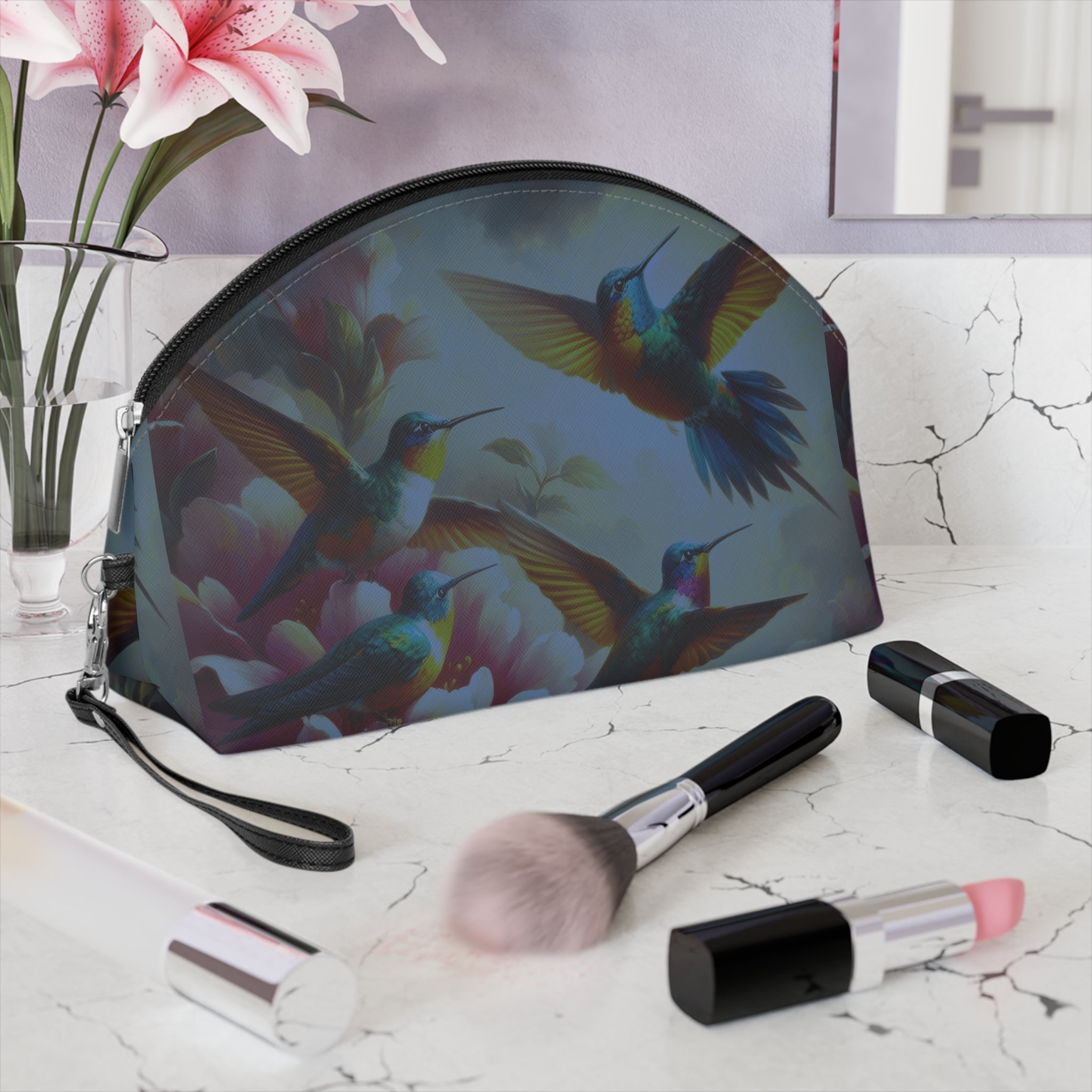 Deep Multicolor Hummingbirds Makeup Bag – Vibrant Cosmetic Pouch - Gregg Acini Adoree Designs - Bags