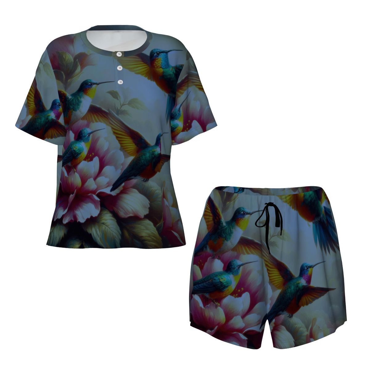 Deep Multicolor Hummingbirds Pajama Set for Women Crew Neck Short Sleeve - Gregg Acini Adoree Designs - Women's Pajamas