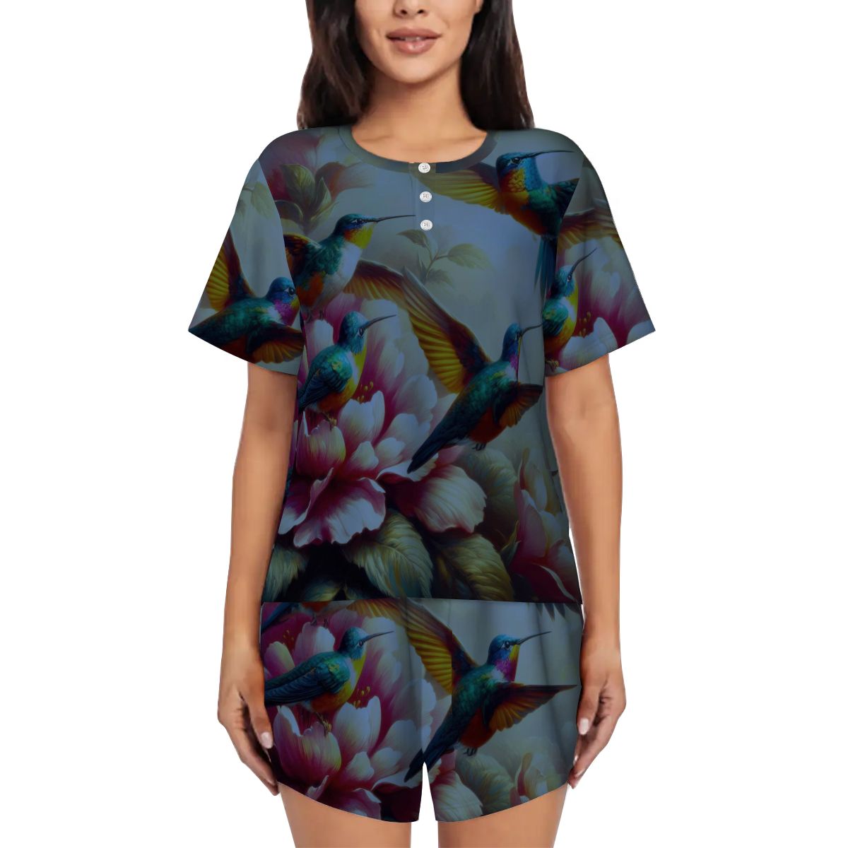 Deep Multicolor Hummingbirds Pajama Set for Women Crew Neck Short Sleeve - Gregg Acini Adoree Designs - Women's Pajamas