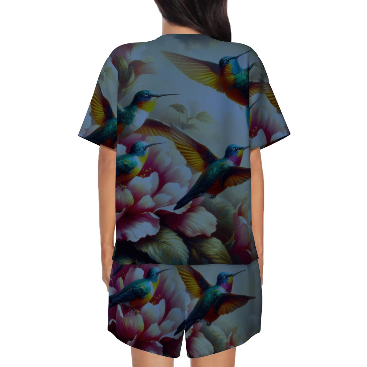 Deep Multicolor Hummingbirds Pajama Set for Women Crew Neck Short Sleeve - Gregg Acini Adoree Designs - Women's Pajamas