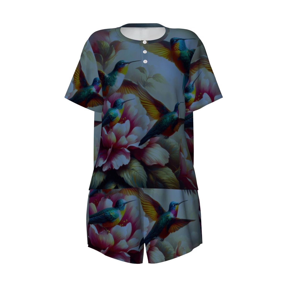 Deep Multicolor Hummingbirds Pajama Set for Women Crew Neck Short Sleeve - Gregg Acini Adoree Designs - Women's Pajamas