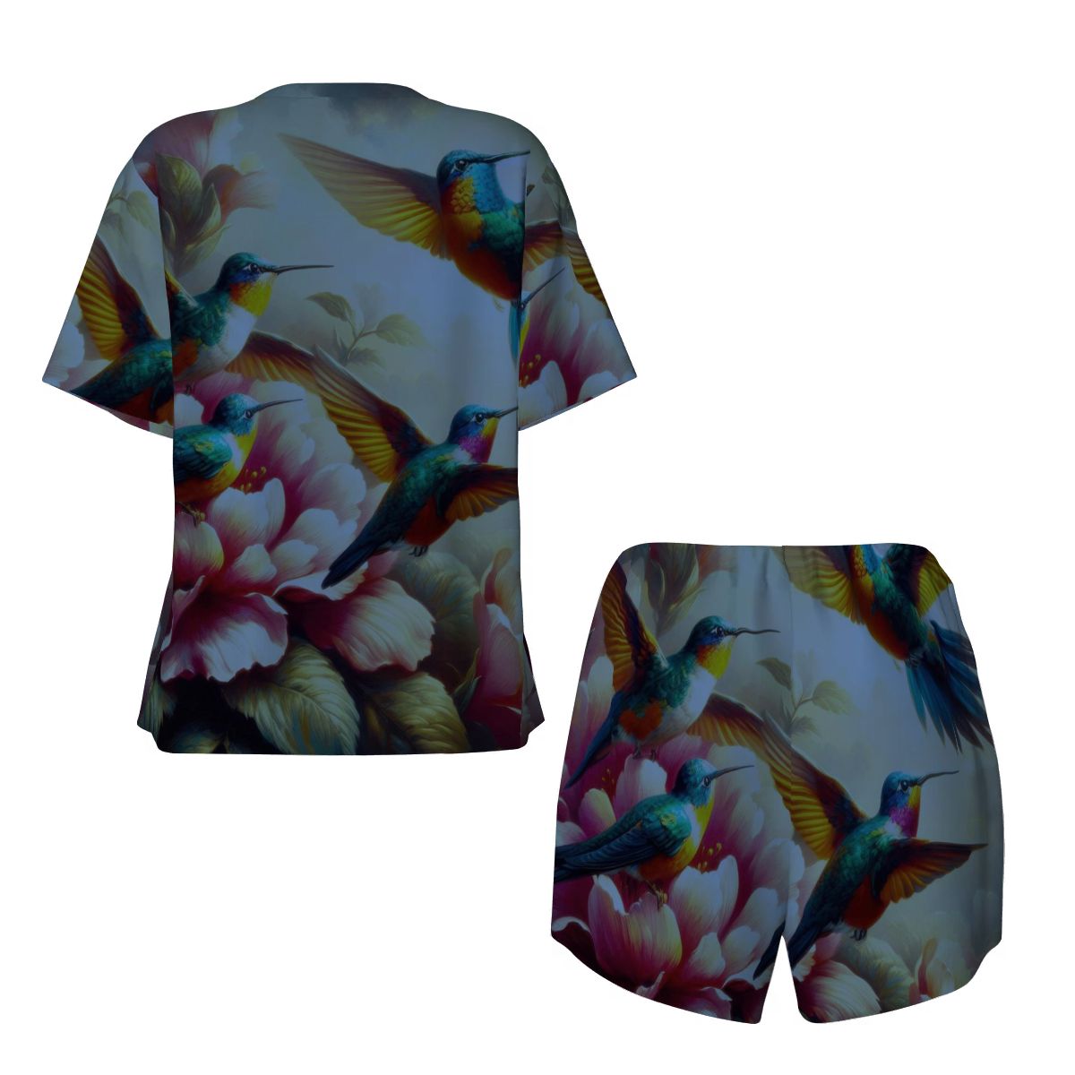 Deep Multicolor Hummingbirds Pajama Set for Women Crew Neck Short Sleeve - Gregg Acini Adoree Designs - Women's Pajamas