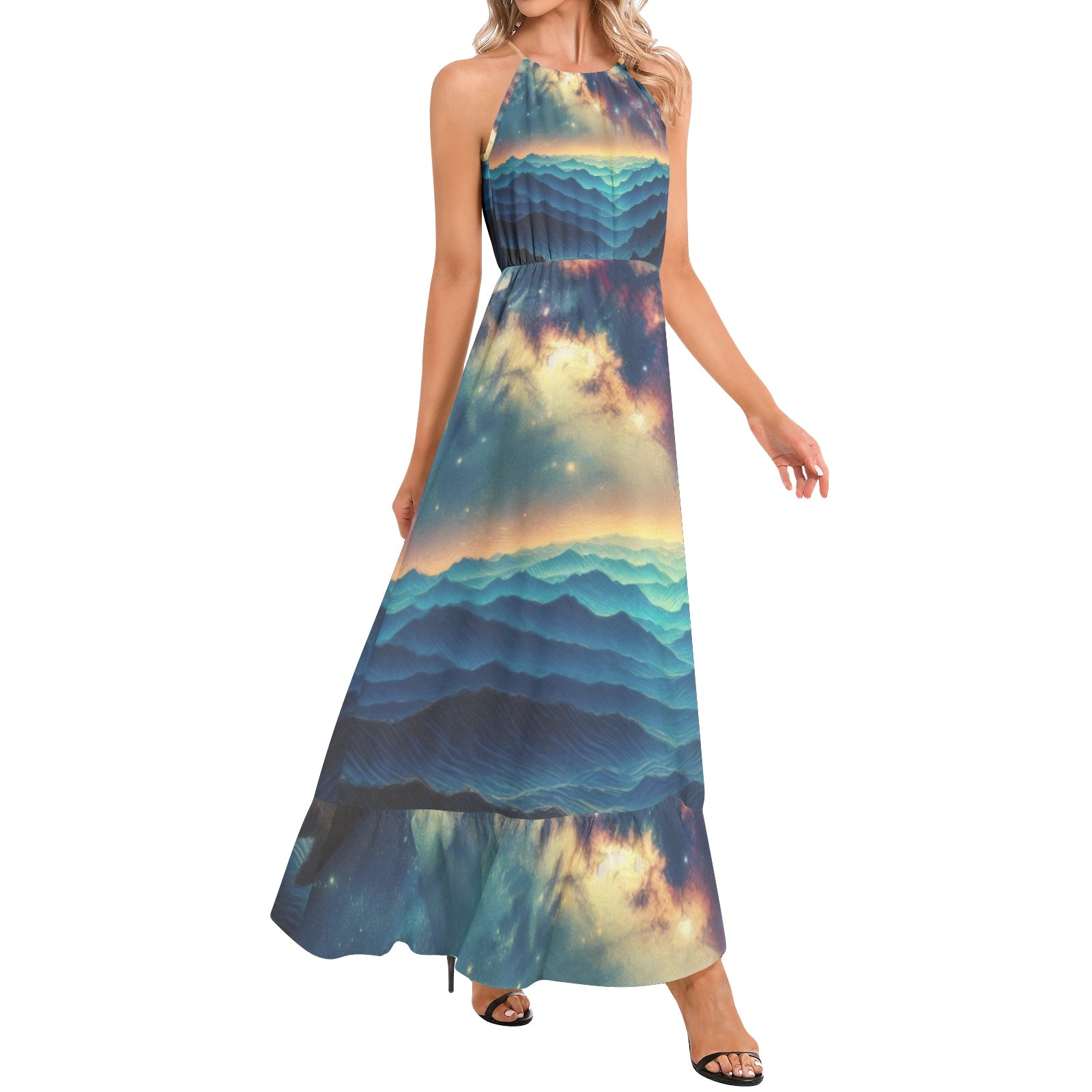 Galaxy 3 Ruffle Hem Halter Neck Maxi Dress
