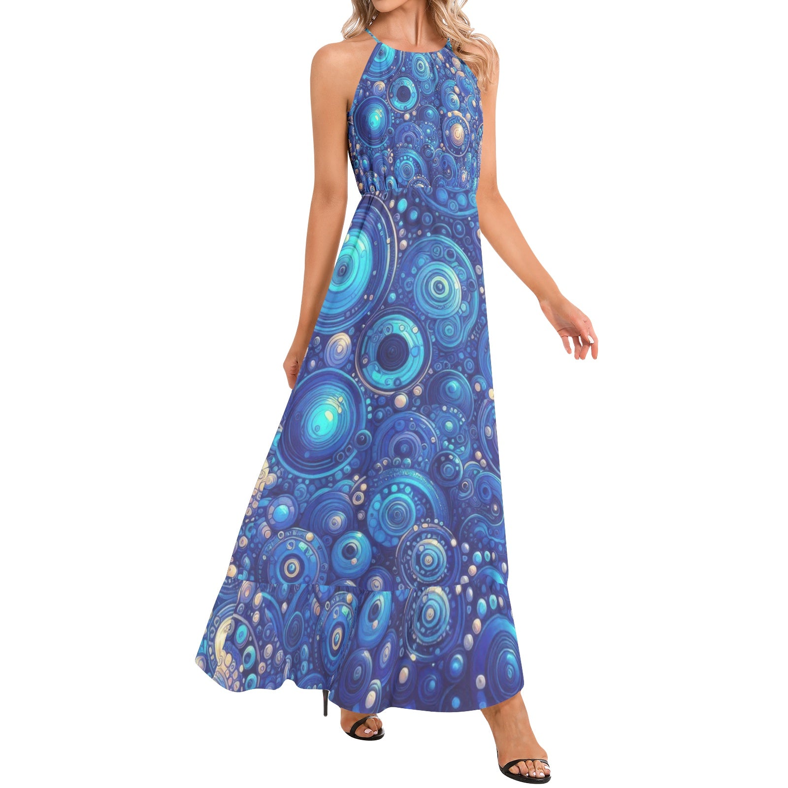 Dark Blue Rhapsody Ruffle Hem Halter Neck Maxi Dress