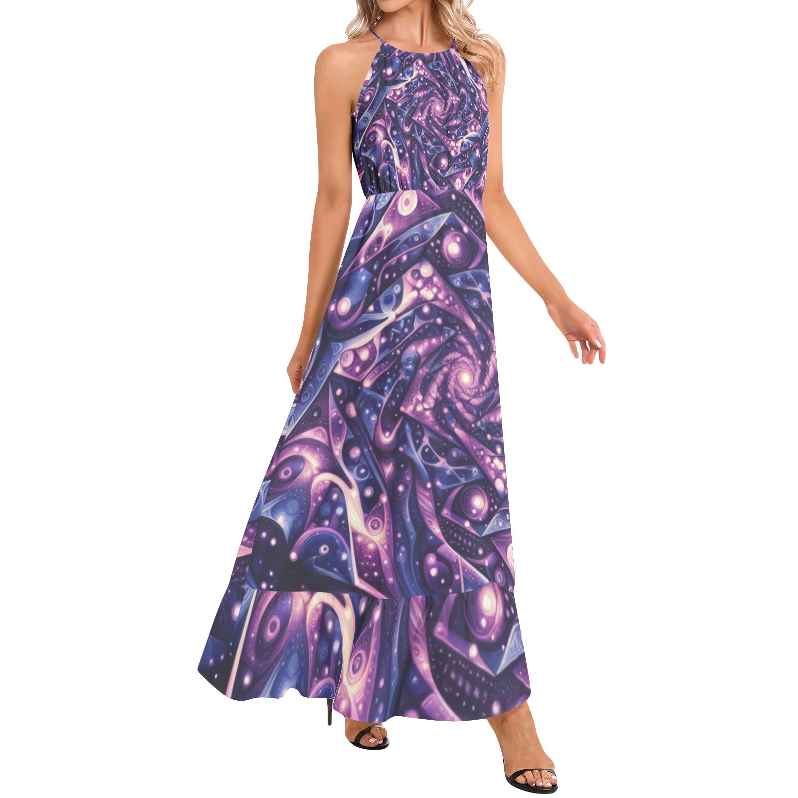 Galactic Purple Ruffle Hem Halter Neck Maxi Dress