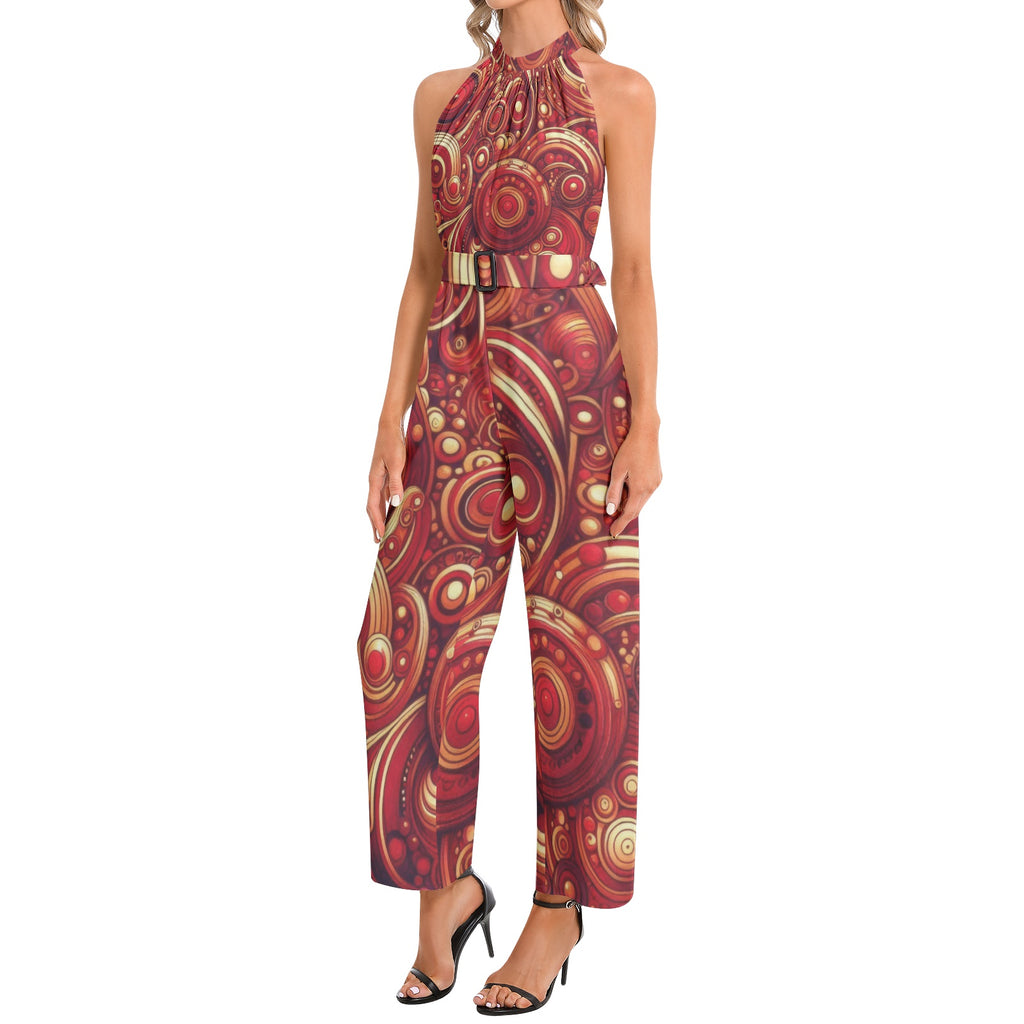 KL-Scarlet3 Halter Neck Buckle Belted Jumpsuit