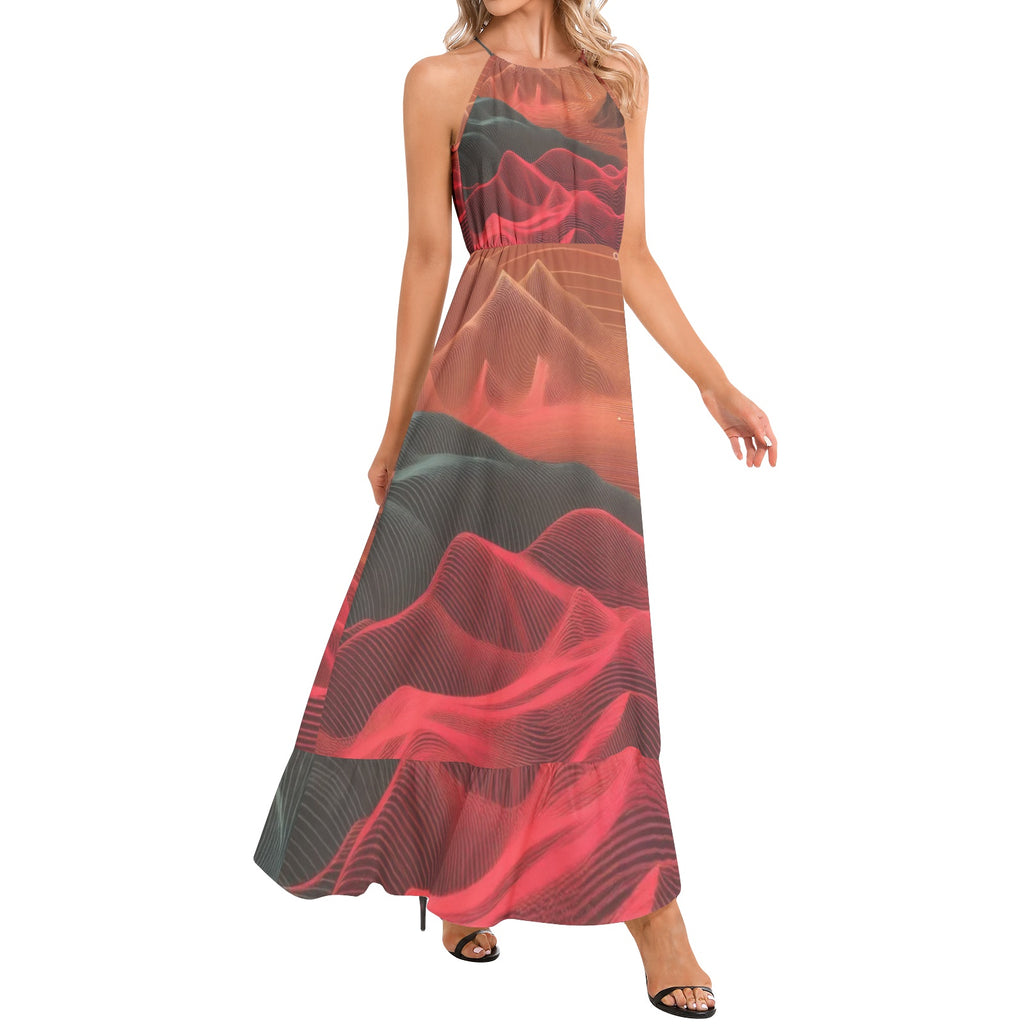 Crimson Waves Ruffle Hem Halter Neck Maxi Dress