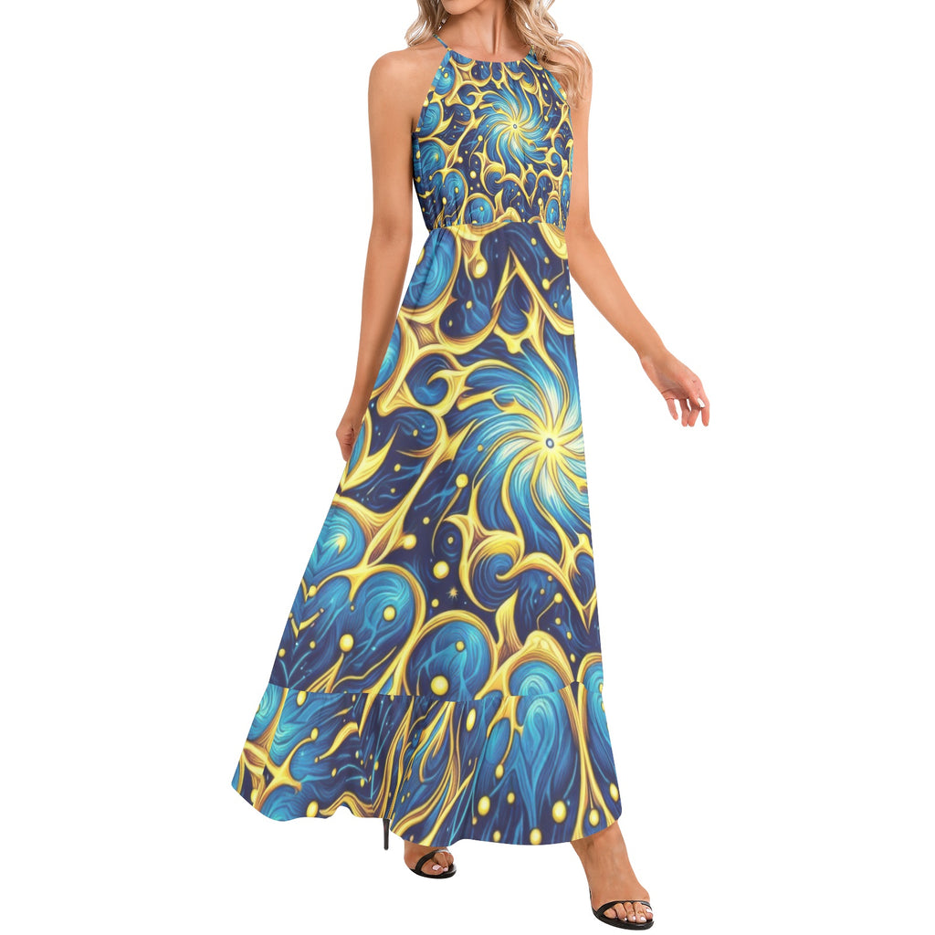 Galactic Yellow and Blue Ruffle Hem Halter Neck Maxi Dress