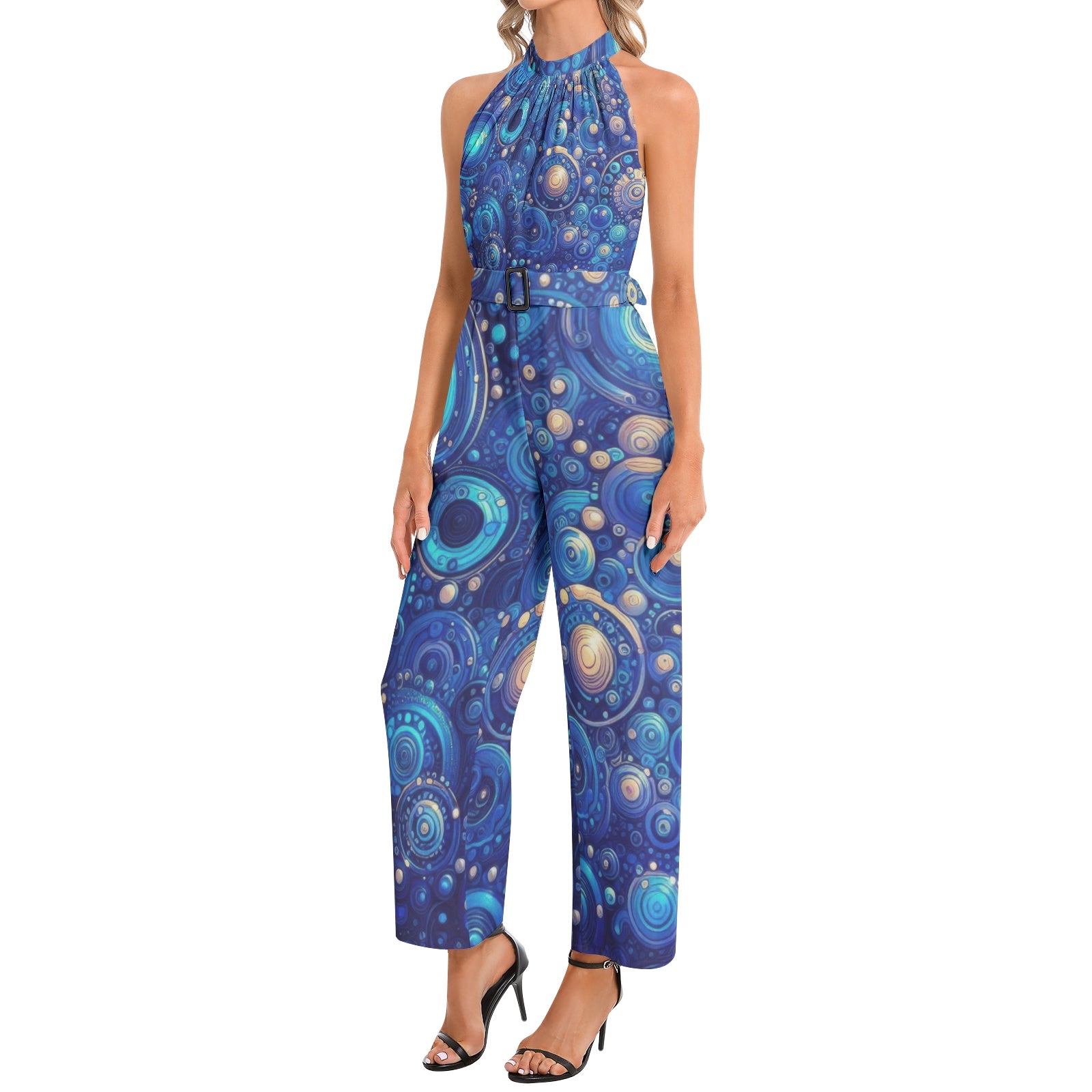 Dark Blue Rhapsody Halter Neck Buckle Belted Jumpsuit