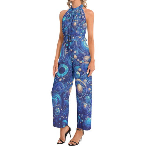 Dark Blue Rhapsody Halter Neck Buckle Belted Jumpsuit