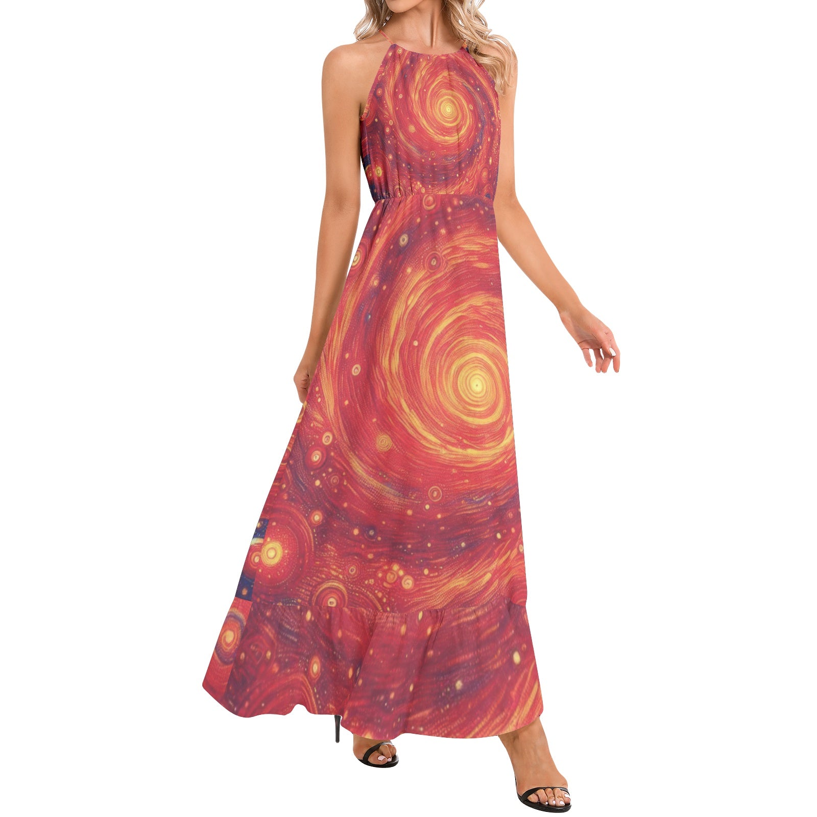 Scarlet Galaxy Ruffle Hem Halter Neck Maxi Dress