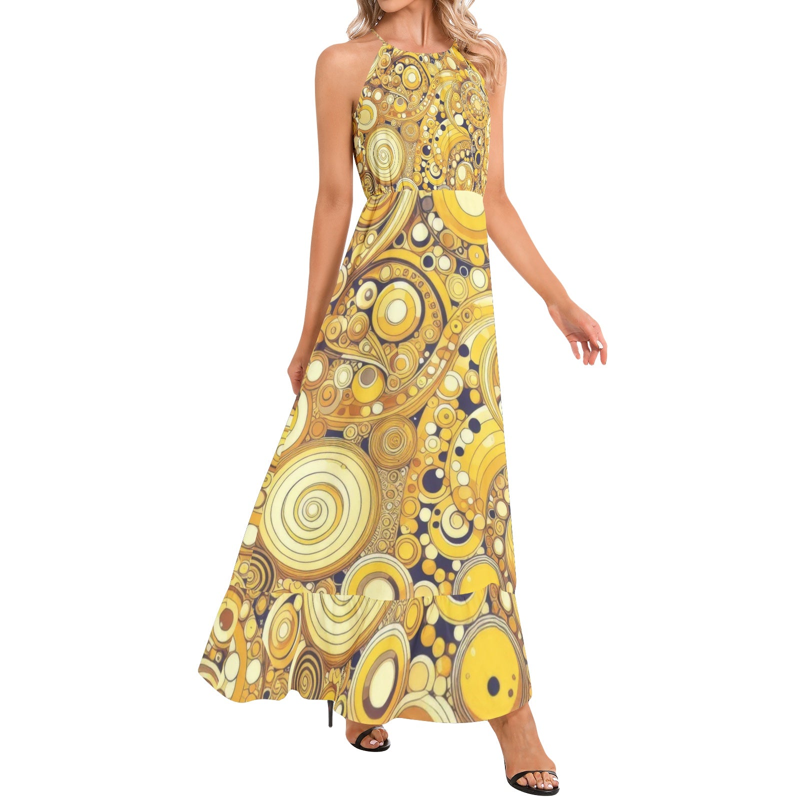 KL-Yellow1 Ruffle Hem Halter Neck Maxi Dress