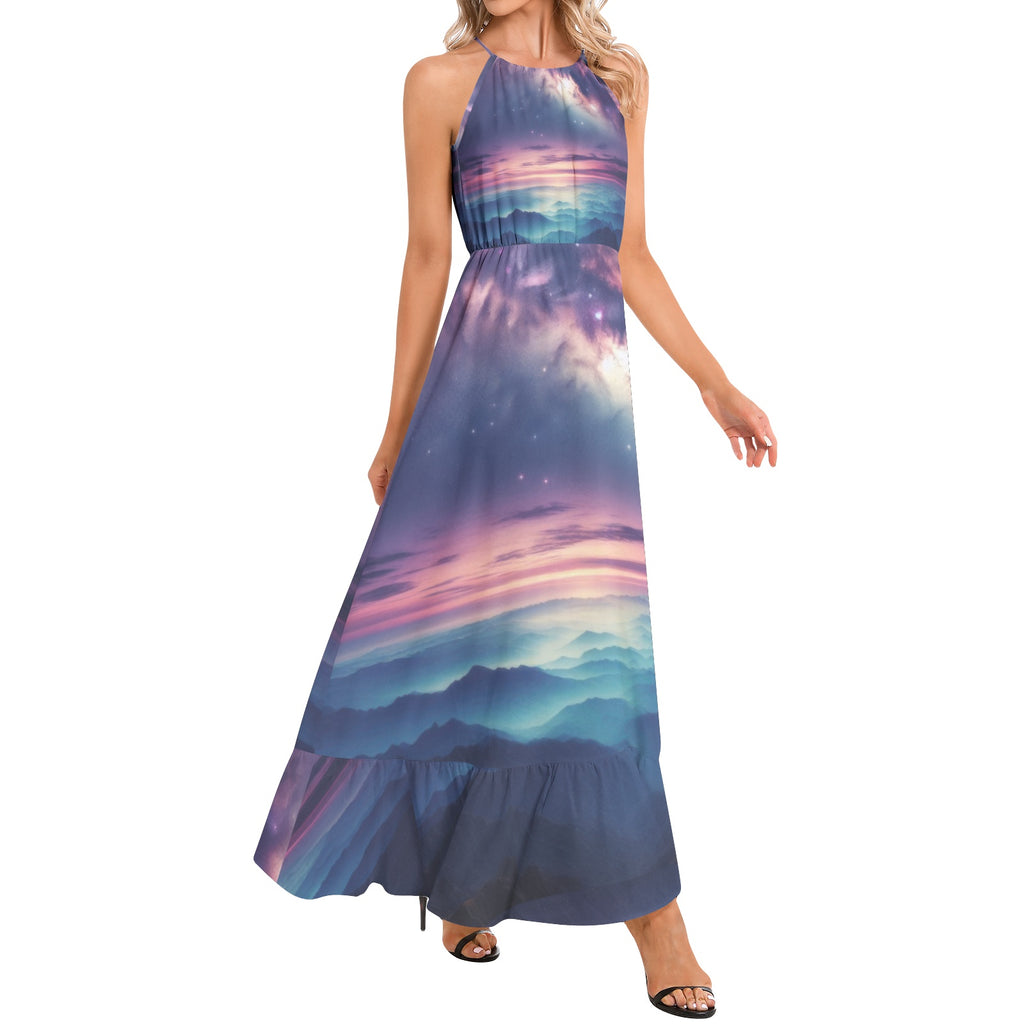 Galaxy 2 Ruffle Hem Halter Neck Maxi Dress