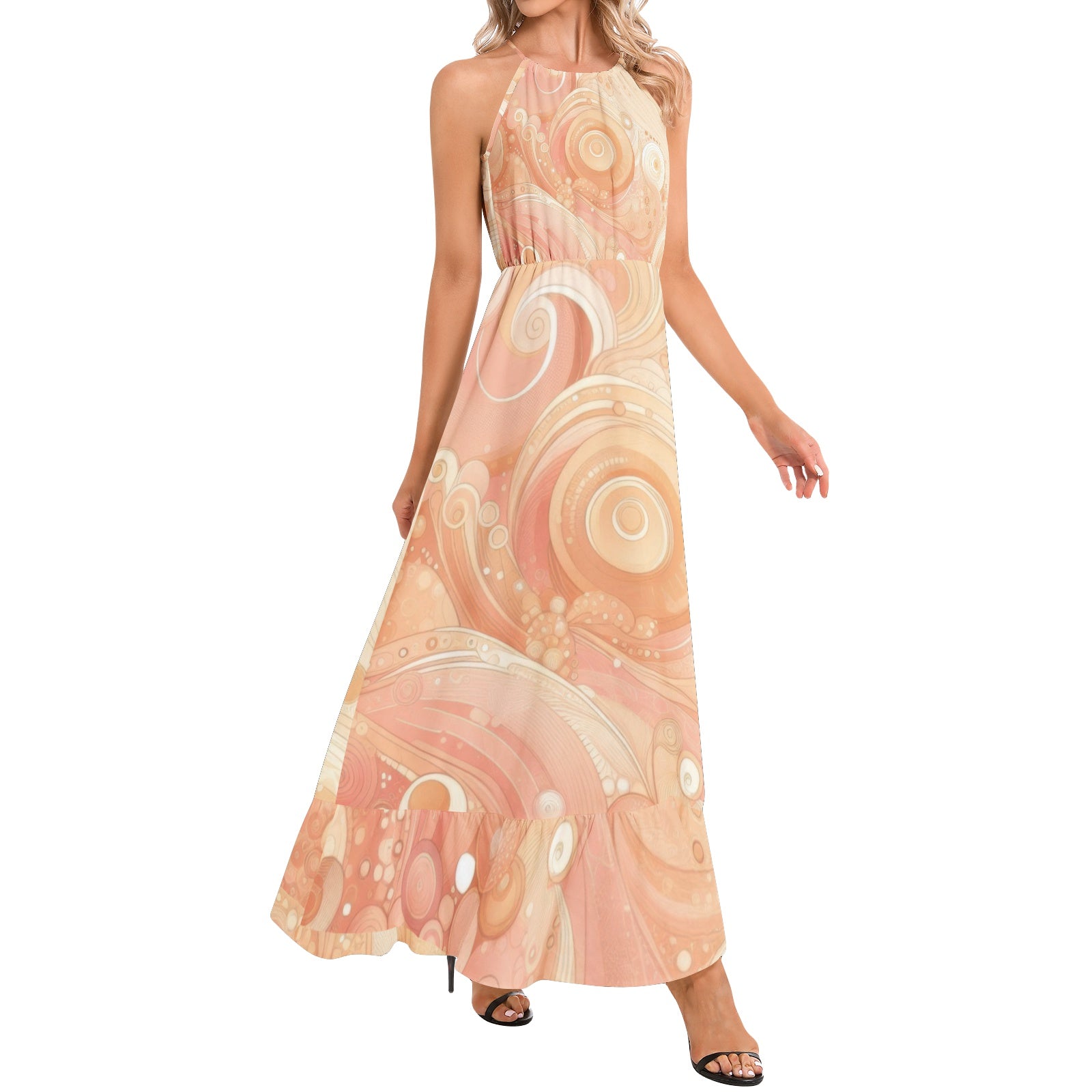 KL-Peach1 Ruffle Hem Halter Neck Maxi Dress