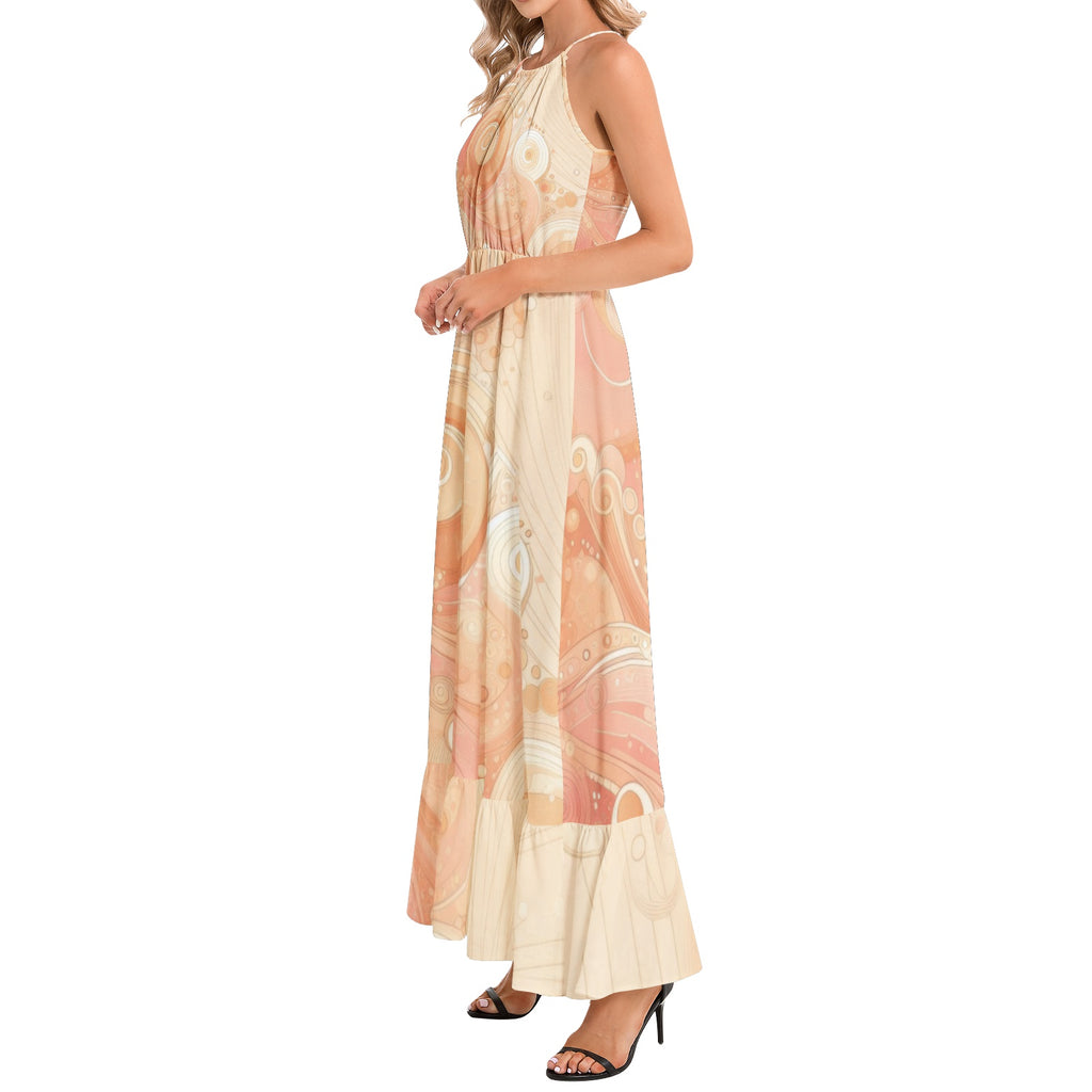KL-Peach1 Ruffle Hem Halter Neck Maxi Dress