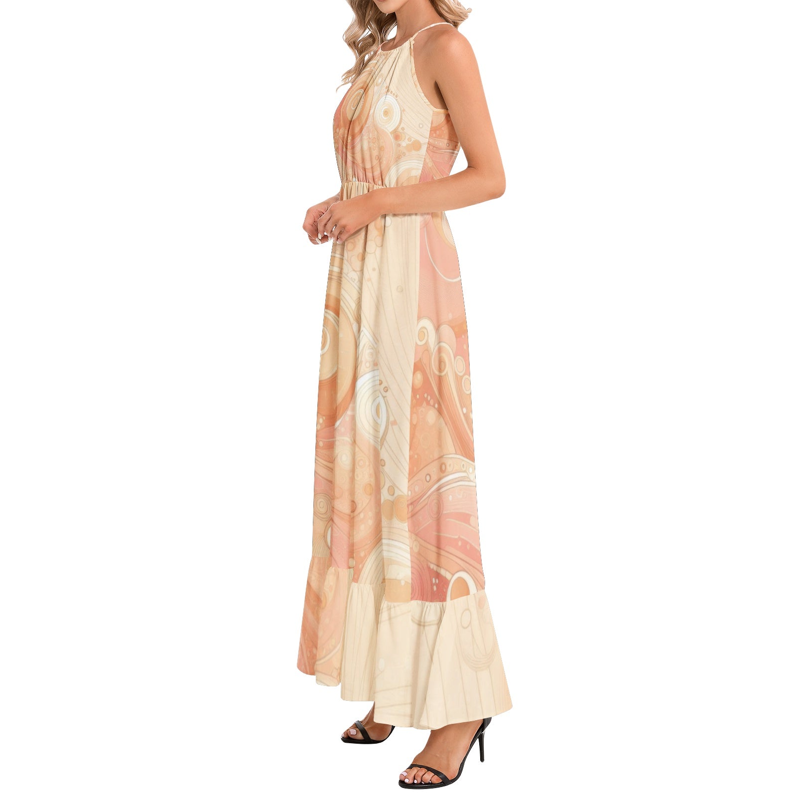 KL-Peach1 Ruffle Hem Halter Neck Maxi Dress