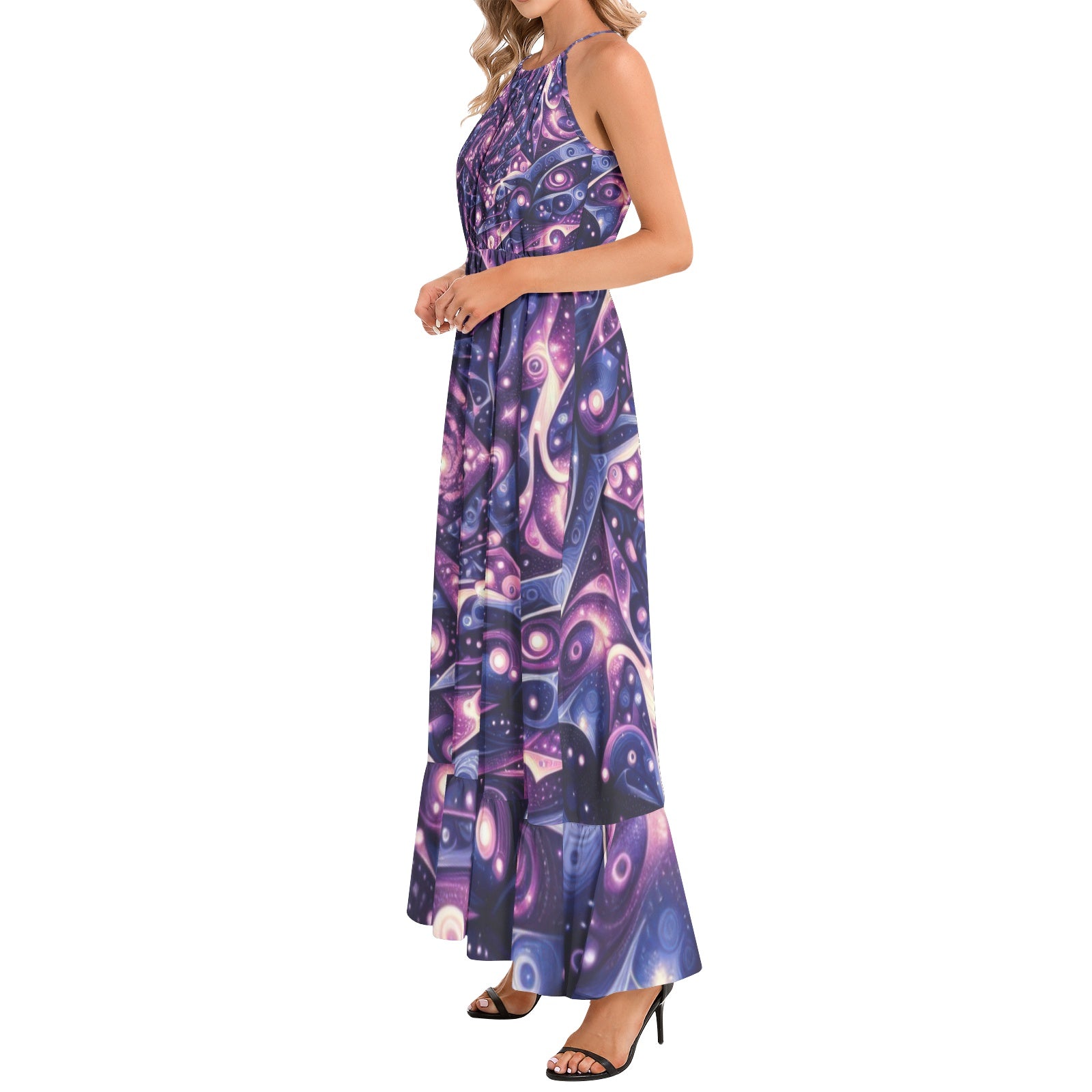 Galactic Purple Ruffle Hem Halter Neck Maxi Dress